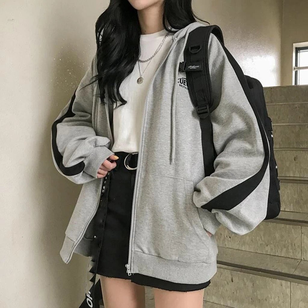 zip-up Harajuku Oversized Hoodies For Women clothes Hooded long Sleeve Jumper Hooded Regular Coat Casual korean style Sweatshirt