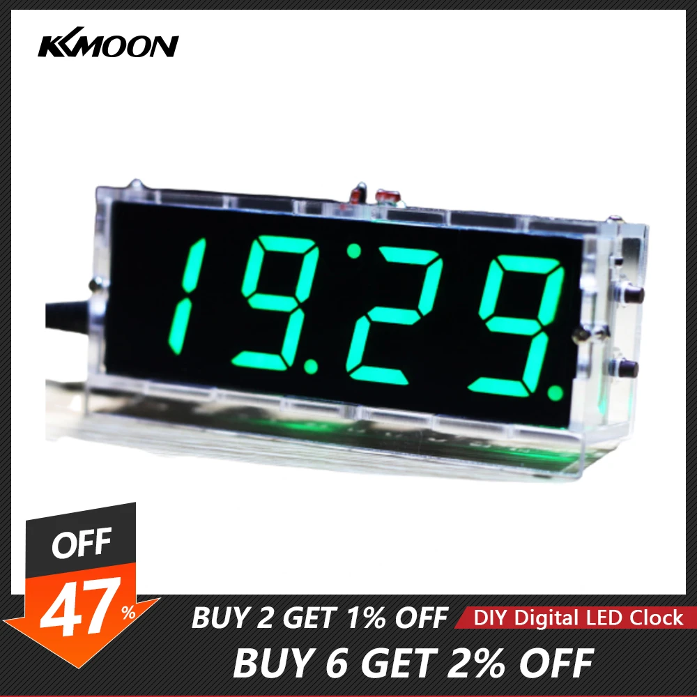 Compact DIY Digital LED Clock Kit 4-digit Light Control Temperature Date Time Display W/ Transparent Case for indoor outdoor