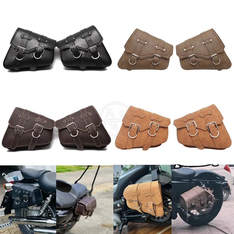 For Honda Suzuki Harley Sportster XL 883 XL1200 Black PU Leather Saddle Bag Motorcycle Luggage Left+Right Side Tool Bag