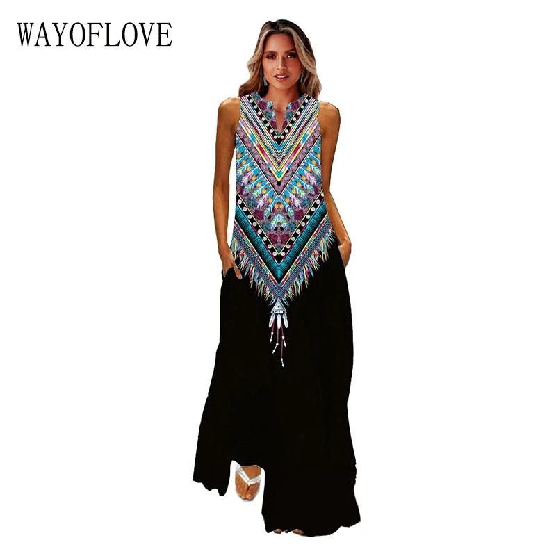 WAYOFLOVE New Black Stripe Print Beach Dress 2021 Robe Casual Vintage Long Dresses Summer Woman Sleeveless Soft Maxi Dress Women