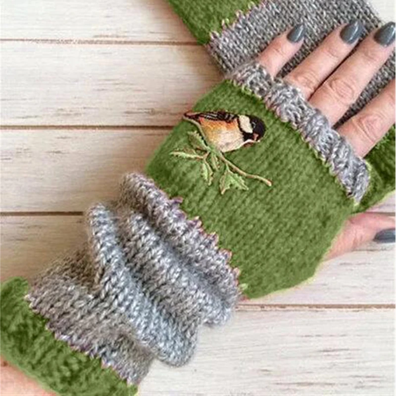 Embroidery Birds Gloves Cotton Fingerless Glove for Women Knitted Block Splice Mittens Womens Girls Gloves Without Fingers