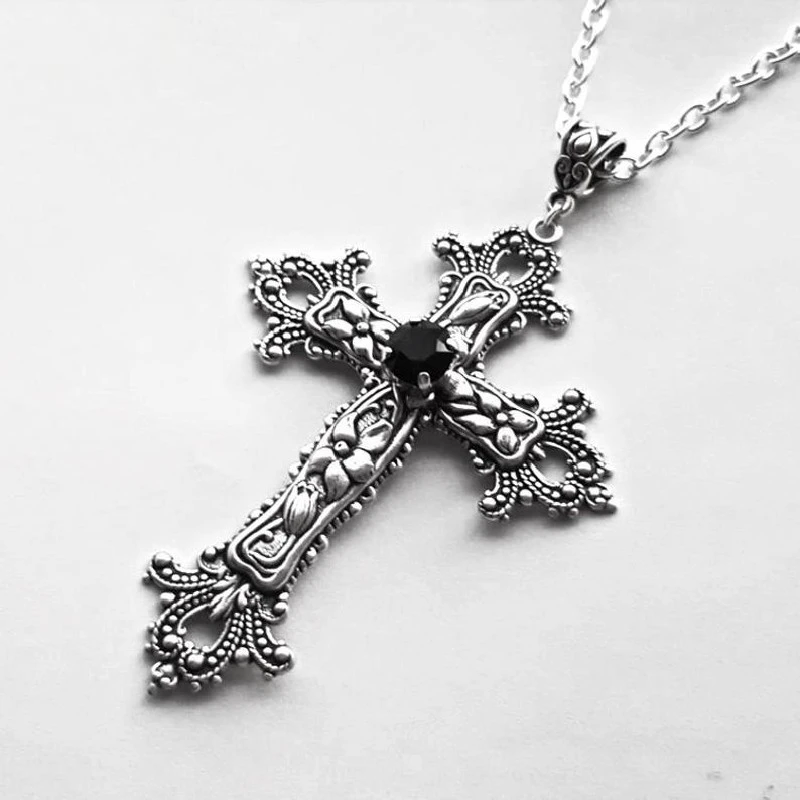 Large Detailed Cross Black Drill Jewel Necklace Silver Color Tone Pendant Goth Punk Jewellery Fashion Charm Statement Women Gift