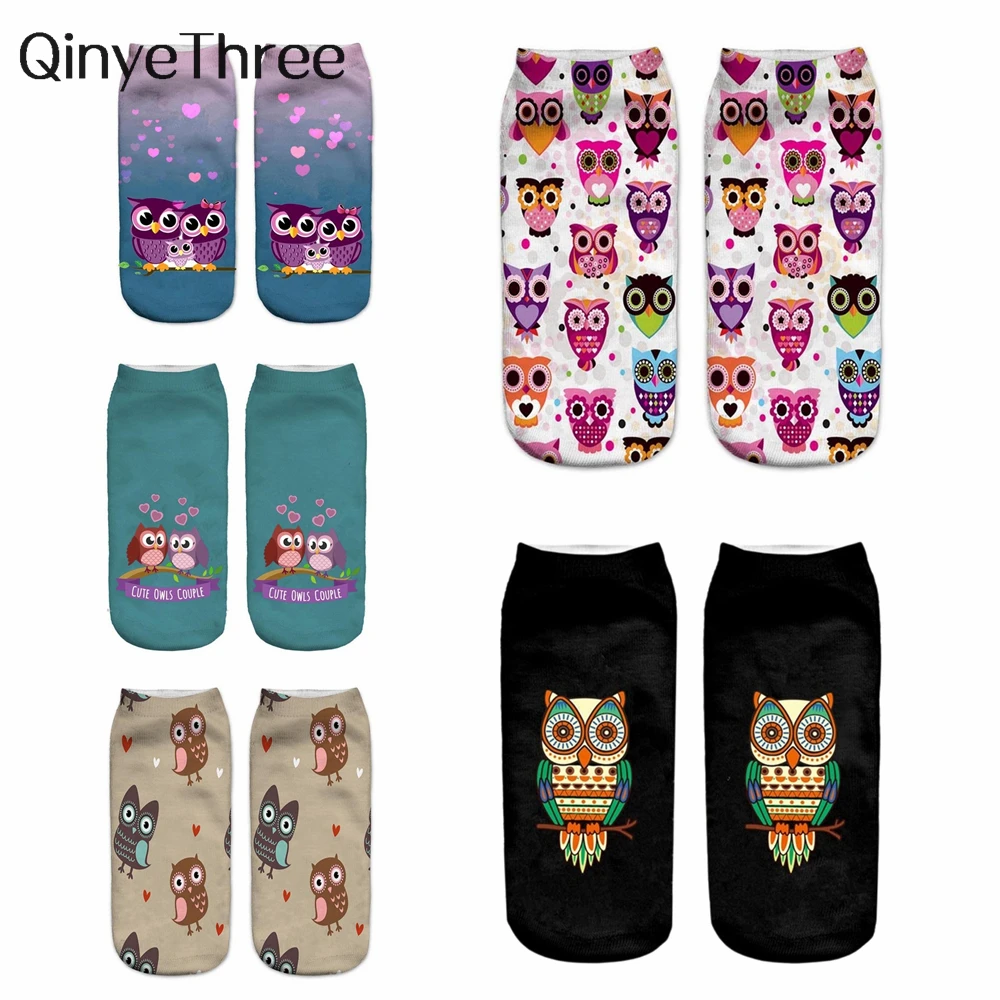 2018 New Meias Summer Autumn Harajuku Owl Socks 3D Print Animal Women's Low Cut Ankle Socks Cat Printed Socks Special gifts