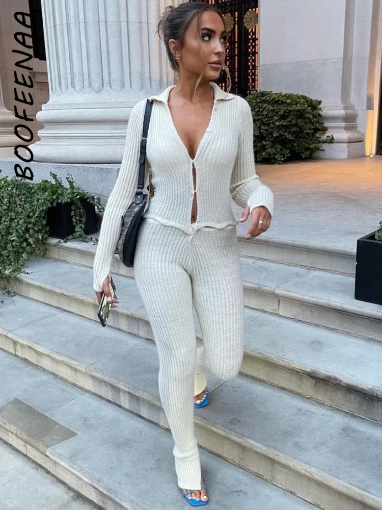 BOOFEENAA Button Ribbed Knitted Jumpsuit Two Piece Set Fall Winter Clothes Sexy White Long Sleeve Bodycon Jumpsuits C88-GE43
