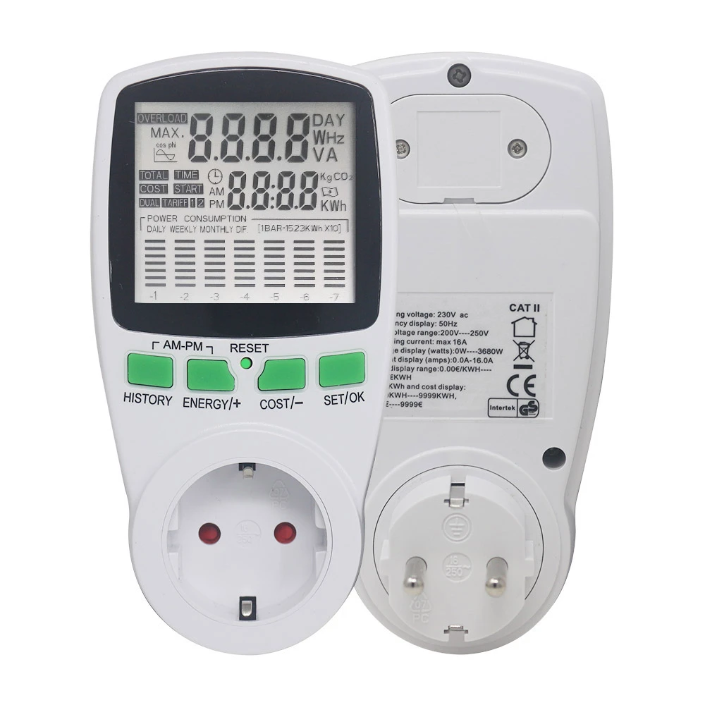 AC Power Energy Meter Digital Wattmeter KWh Watt Volt Amp Time electricity Cost Power Factor Monitor Socket Analyzer 220V EU
