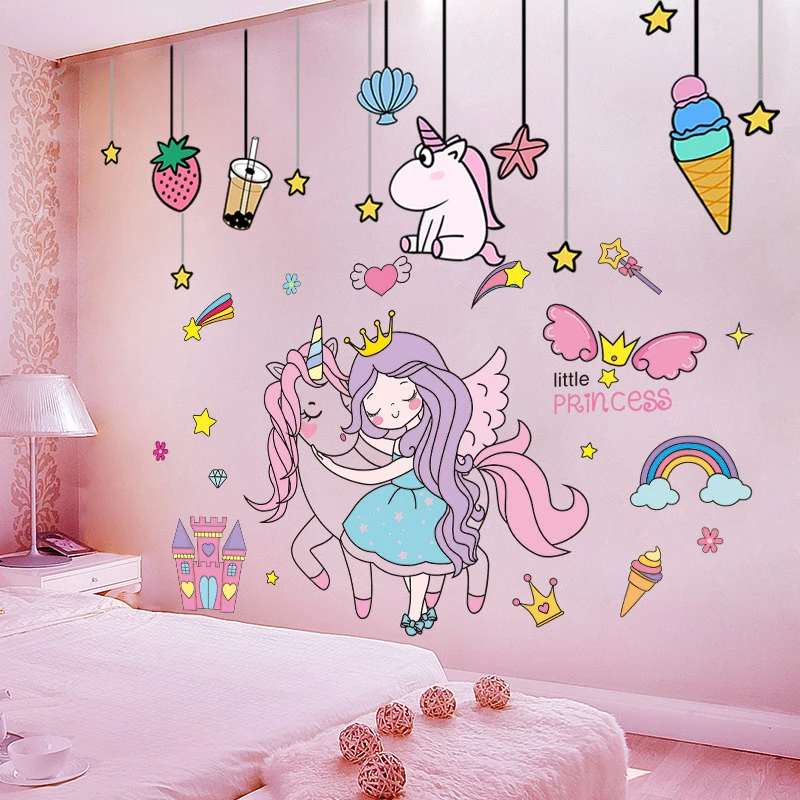 [shijuekongjian] Cartoon Girl Wall Stickers DIY Unicorn Animal Stars Wall Decals for Kids Bedroom Baby Room Home Decoration