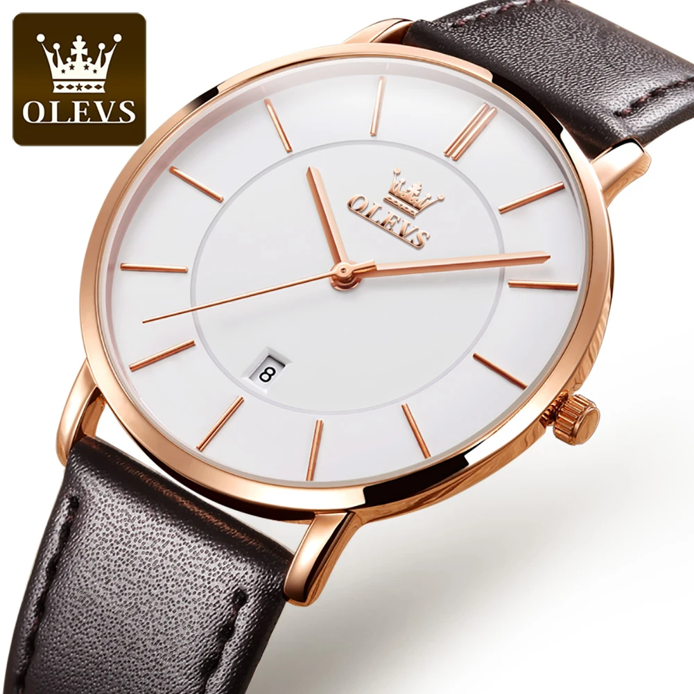 Hot Sale Men Sports Watches OLEVS Luxury Brand Men's Quartz Analog Display Date Watches Casual Genuine Leather Swim Watch Thin