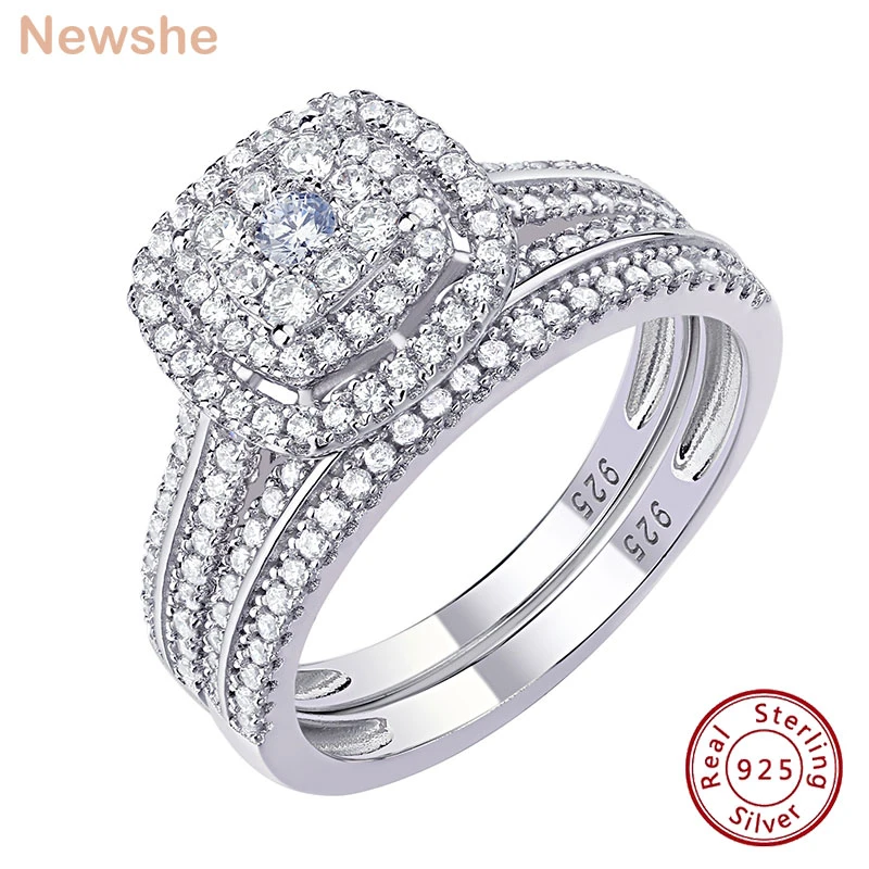 Newshe Halo Wedding Rings For Women 2Pcs Solid 925 Sterling Silver Engagement Ring Bridal Set 1.6Ct AAAAA Zircon Fine Jewelry