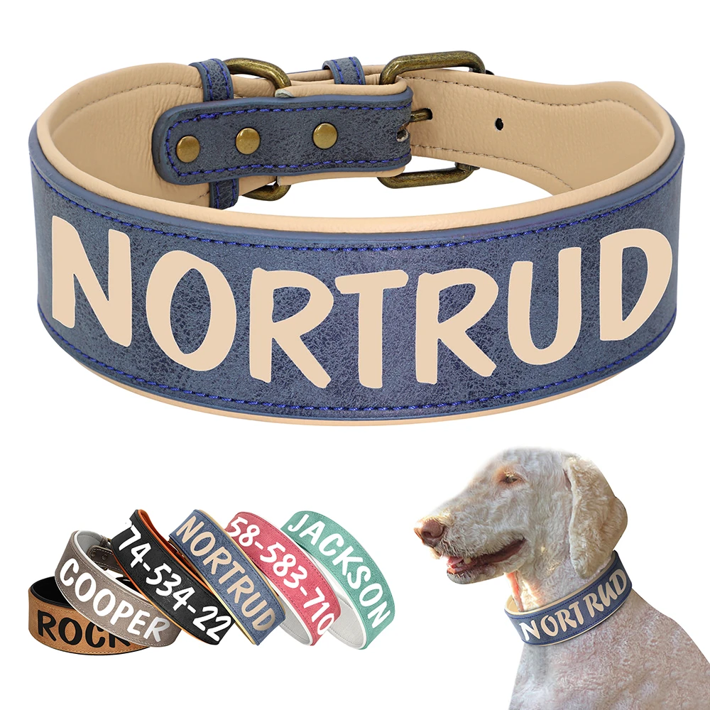 Custom Large Dog Collar Wide Leather Personalized Collars Medium Large Dog Pet Collars Customized for Dogs Printed Name ID