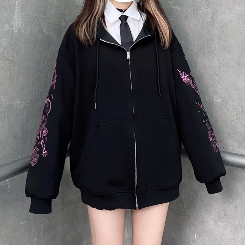 New Punk Graphic Printed Hoodies Women Vintage Black Zipper Ribbon Oversize Sweatshirt Female 90s Harajuku Streetwear Jacket