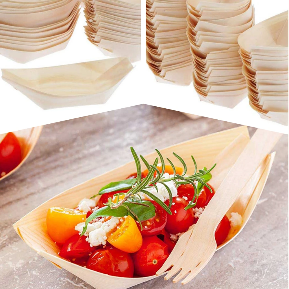 Promotion - Party Wedding Supplies, 130mm Disposable Sushi Salad Dessert Bowl Natural Pine Wood Serving Boat, 50/Pack