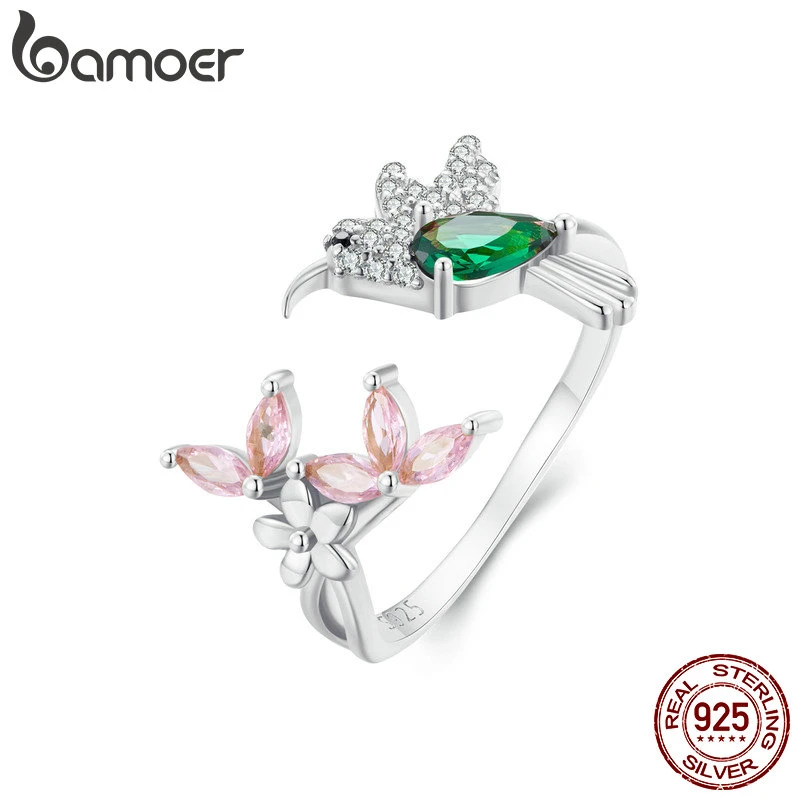 BAMOER 100% 925 Sterling Silver Adjustable Hummingbird Gift Luminous Clear CZ Finger Rings for Women Silver Jewelry BSR016
