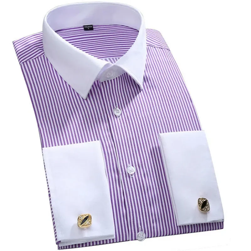 Quality & Gentle Formal Mens French Cuff Dress Shirt Men Long Sleeve Solid Striped Style Men's Shirts Cufflink Include Plus Size