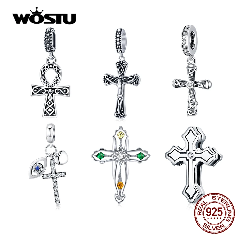 WOSTU 100% Real 925 Sterling Silver Cross Charm Zircon Bead Crosses Pendant Fit Original Bracelet DIY Necklace Religion Jewelry