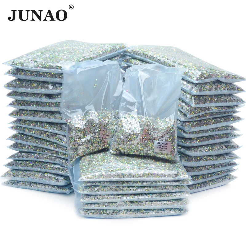 JUNAO Wholesale 100Gross 14400pc SS6 8 10 12 16 20 30 Flatback AB Color Glass Rhinestone Bulk Package Non Hotfix Crystal Stone