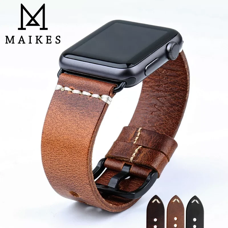 MAIKES Vintage Oil Wax Leather Watch Strap For Apple Watch Band 44mm 40mm 42mm 38mm Series SE/6/5/4/3/2/1 iWatch Watch Bracelet