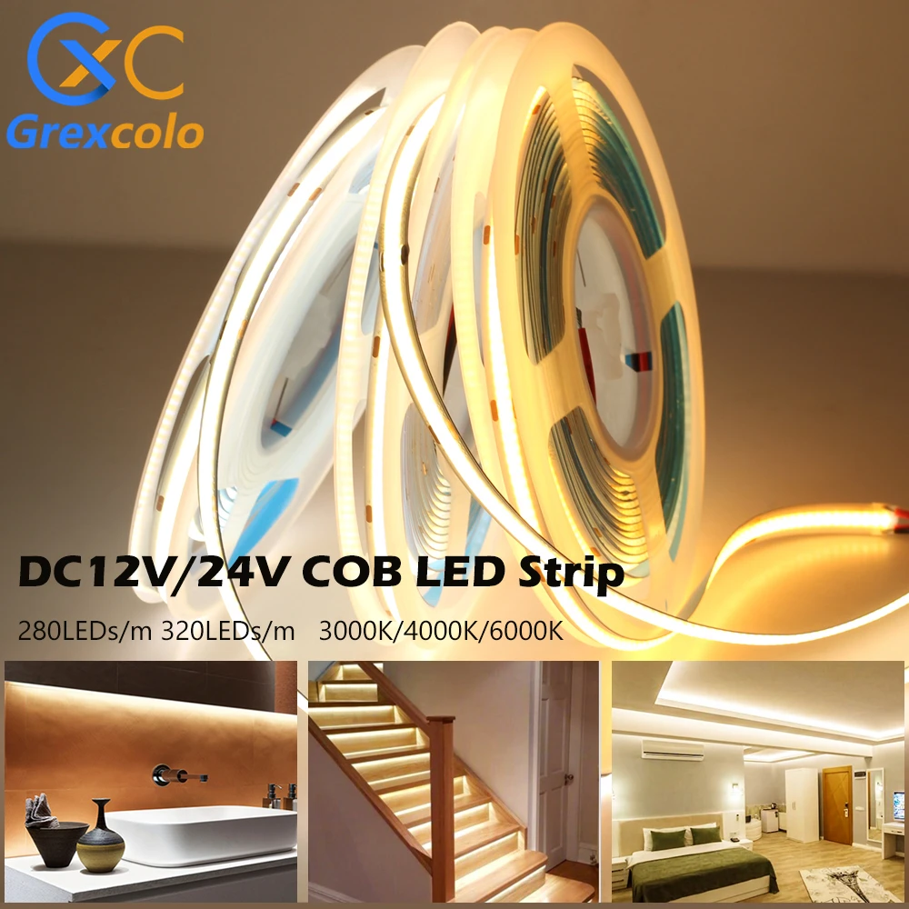 COB LED Strip Light 320 480 LEDs 8mm High Density FOB COB Flexible LED Lights Ra90 3000K 4000K 6000K LED Tape DC12V 24V 5m/lot