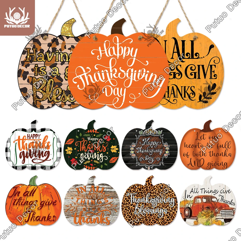 Putuo Decor Thanksgiving Wood Sign Pumpkin Shape Wooden Plaque Turkey Hanging Sign Personalized Home Living Room Wall Decor Gift