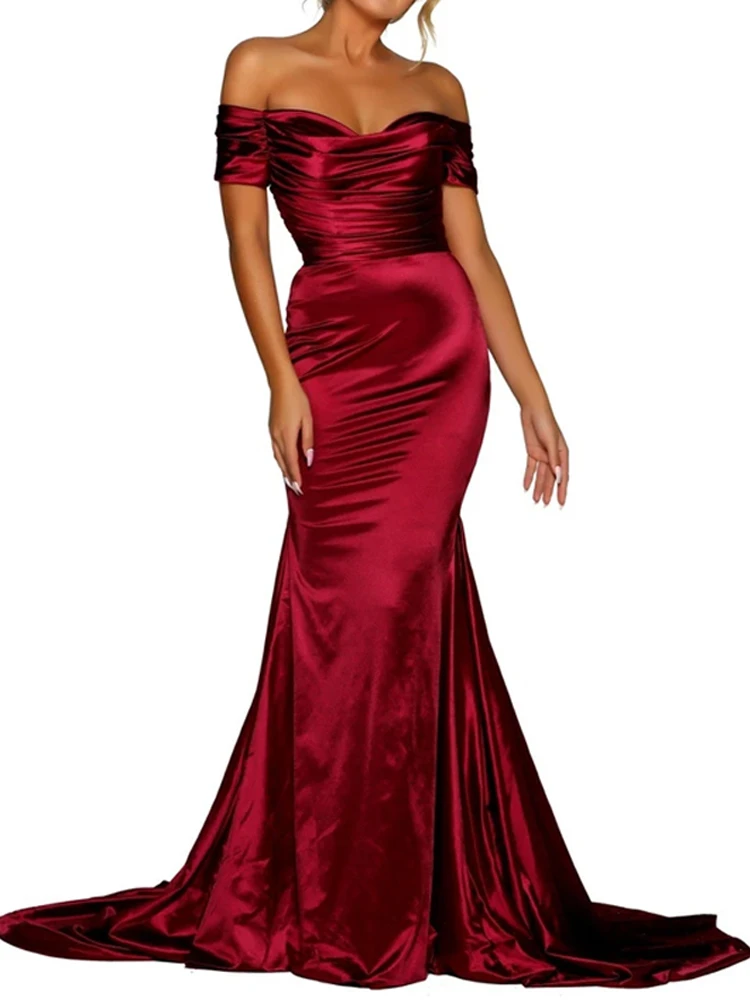 Burgundy Off the Shoulder Maxi Dress Evening Party Long Stretch Satin Slash Neck Elegant Floor Length Gown