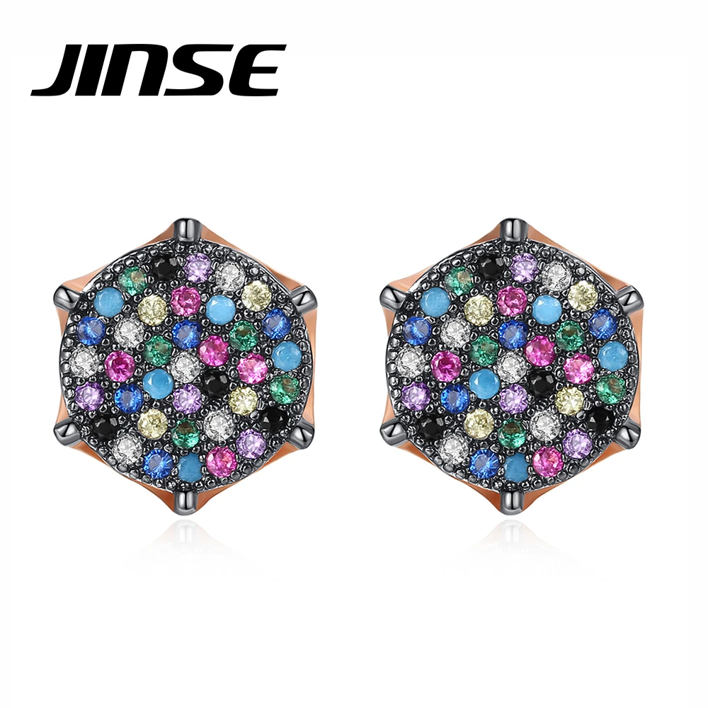 JINSE 10MM Punk Mens Multicolor Cubic Zirconia Iced Stud Earrings Hip Hop Copper Bling CZ Geometric Earring Fashion Jewelry