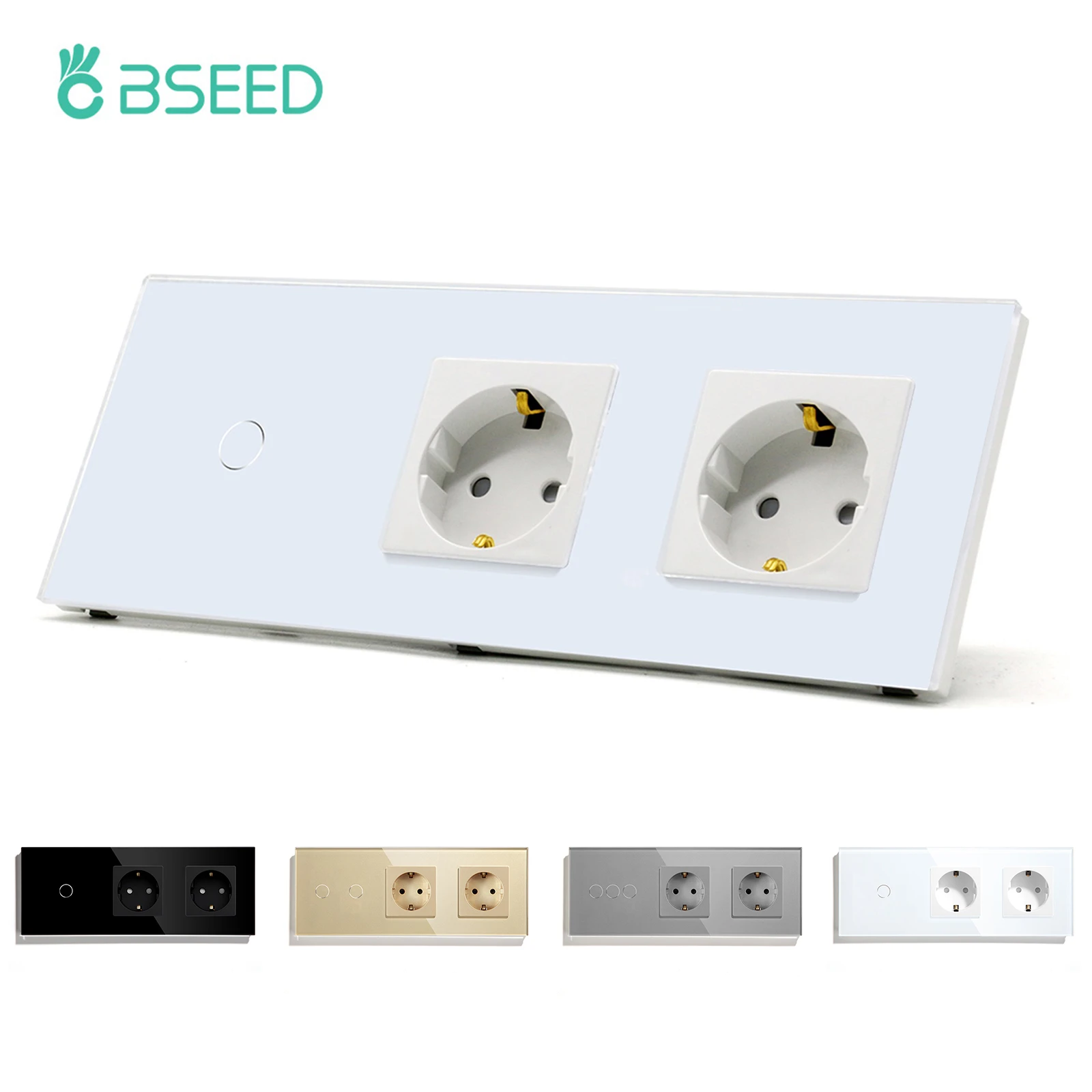 BSEED EU Standard 1/2/3Gang 1Way Touch Switch With Double EU Wall Sockets Black White Golden Glass Wall Led Light Power Switch