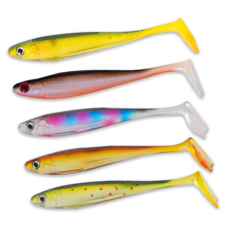 T Tail Soft Fish Bait Fishing Lure 9cm/5g Back Groove Rainbow PVC Artificial Lures Baits 5 Pieces/Lot
