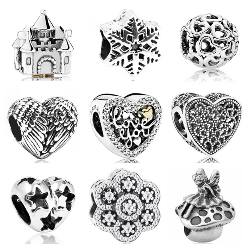 Btuamb Simple Style Love Heart Flower Star Dog Lion Alloy Beads Fit Pandora Charm Bangles for Women DIY Making Jewelry Berloque