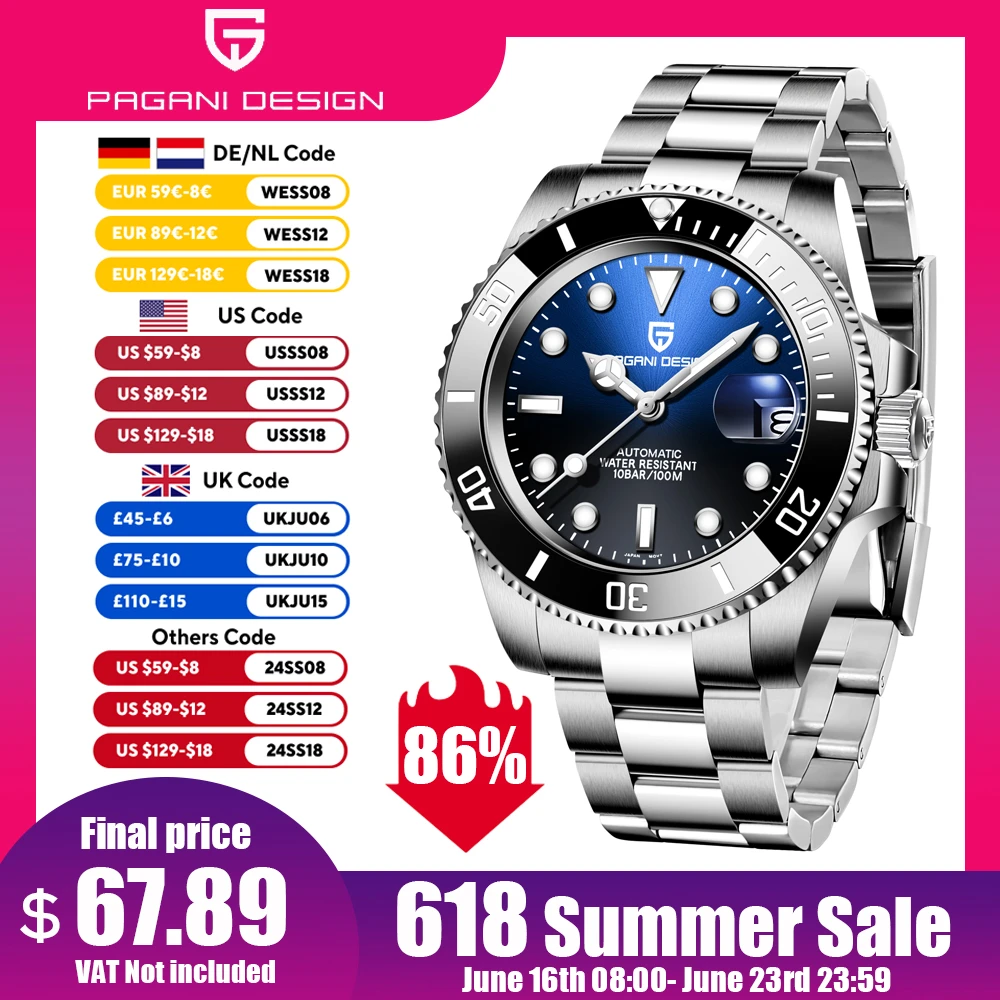 2021 PAGANI DESIGN 40mm Luxury Men's Wristwatch Stainless Steel Automatic Mechanical Watch Top Brand Men's Waterproof Date Clock