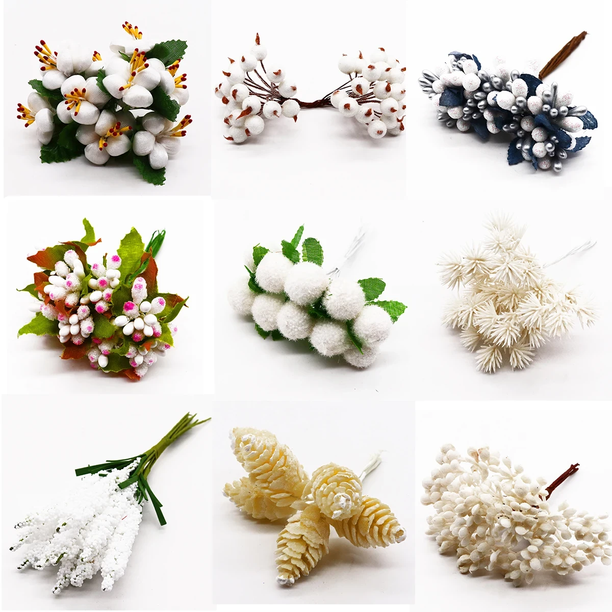 6/10/12/20/24/200pcs White Hybrid Flower Cherry Stamen Berries Bundle DIY Cake Christmas Wedding Gifts Box Wreaths Decor