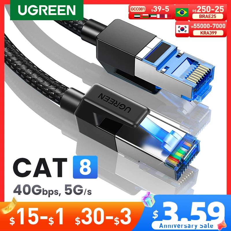 UGREEN Ethernet Cable CAT8 40Gbps 2000MHz CAT 8 Networking Cotton Braided Internet Lan Cord for Laptops PS 4 Router RJ45 Cable