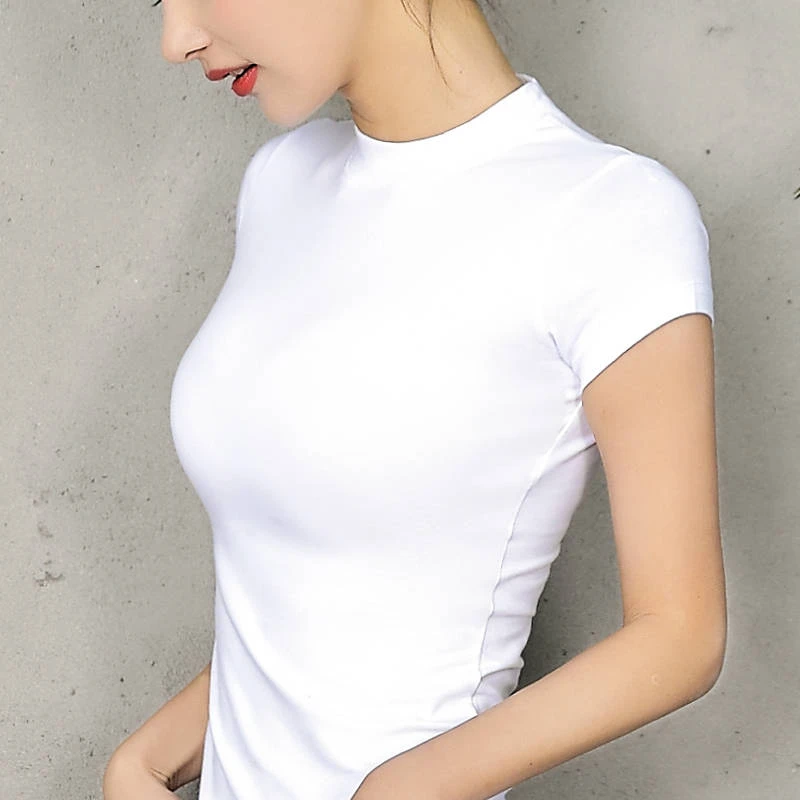 Women Cotton T-shirt High Collar Solid color Lady Tees Short Sleeve Summer Women's clothing All match Female T-shirts