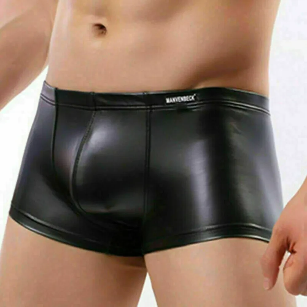 Men Lingerie Faux Imitation Leather Boxers Black Sexy Underwear Boxers Shorts Fashion Cool Male Underpants