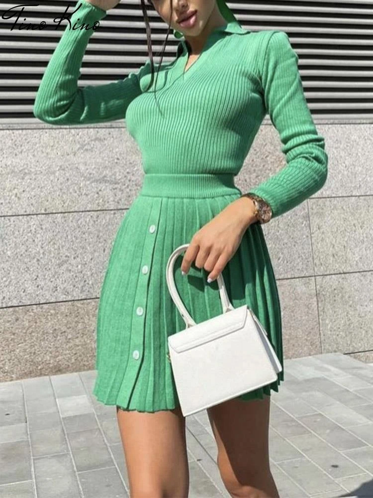 Knitted Pleated Mini Skirt Two Piece Set Women Skinny High Waist A-line Skirts Suit Female 2021 Autumn Lady Sexy Patry Sets