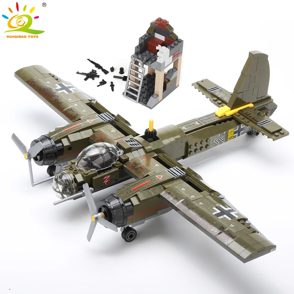HUIQIBAO 559pcs Military Ju-88 Bombing Plane Building Block WW2 Helicopter Army Weapon Soldier Model Bricks Kit Toy for Children