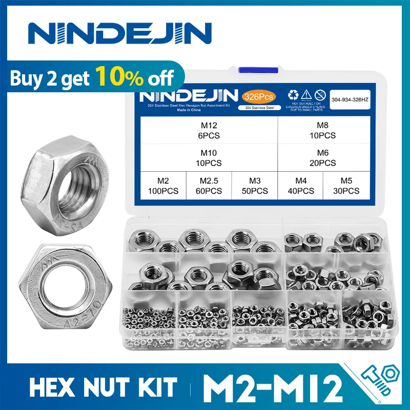 NINDEJIN 326pcs Hex Hexagon Nuts Assortment Kit M2 M2.5 M3 M4 M5 M6 M8 M10 M12 Stainless Steel Metric Hex Nuts Set DIN934