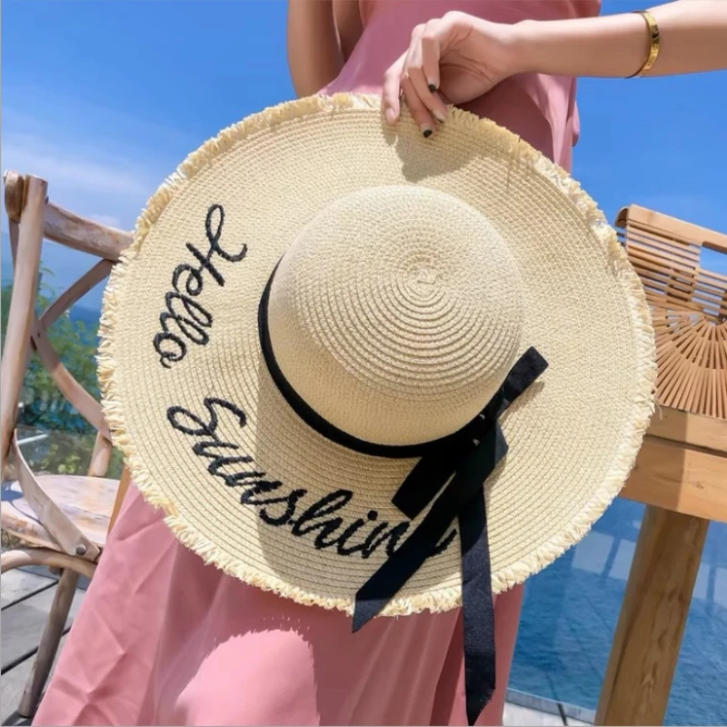 Handmade Weave Letter Sun Hats for Women Black Ribbon Lace Up Large Brim Straw Hat Outdoor Beach Hat Summer Caps