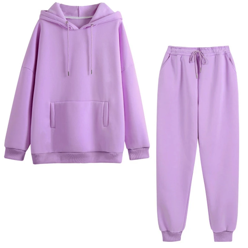 Autumn Hoodies Women Two Piece Set Solid Fleece Oversized Tracksuits Winter Thick Warm Hooded Sweatshirt Jogger Pants Suit