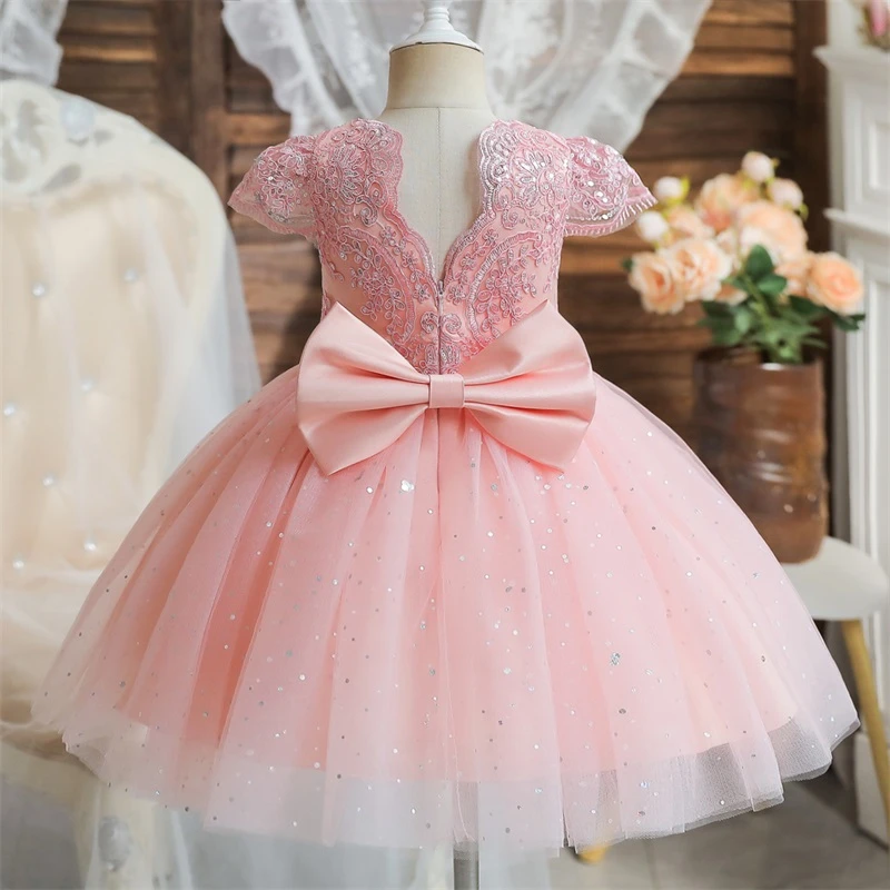 Baby Girl Dress For Girls Party Dress Lace Bow Infant Christening Gown Tutu 1 Year Birthday Dress Free Headband 6 9 12 24 Months