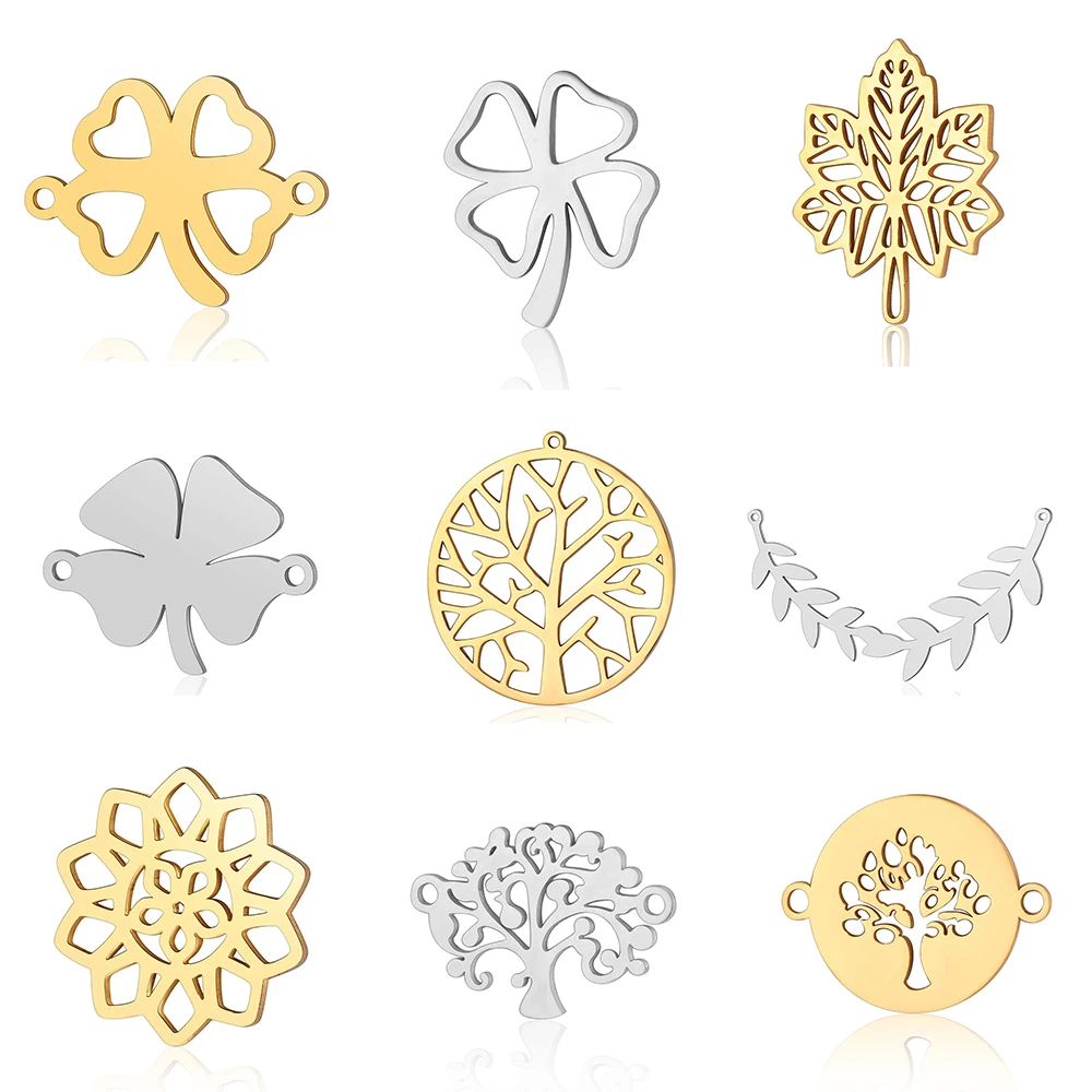 5pcs/lot Maple Leaf DIY Charms Wholesale 100% Stainless Steel Lucky symbol Connectors Charm Tree of Life  Jewelry Pendant