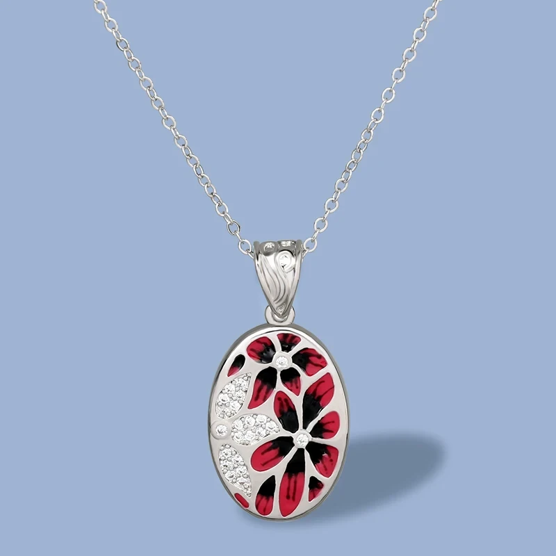 Original New Red Flower Epoxy Pendant Necklace Women's 925 Silver Pendant Necklace Handmade Enamel Party Jewelry Sweater Chain