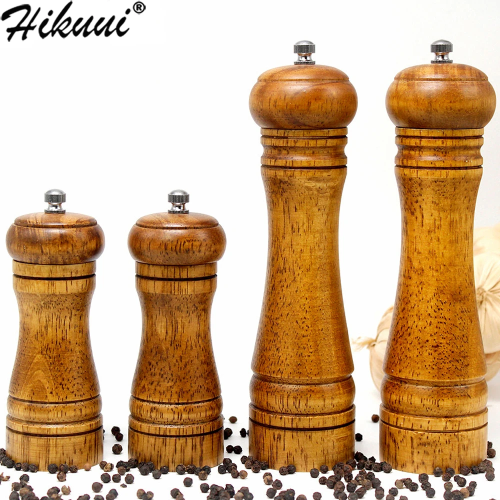 HIKUUI Classical Oak Wood Pepper Spice Mill Grinder Set Handheld Seasoning Mills Grinder Ceramic Grinding Core BBQ Tools Set