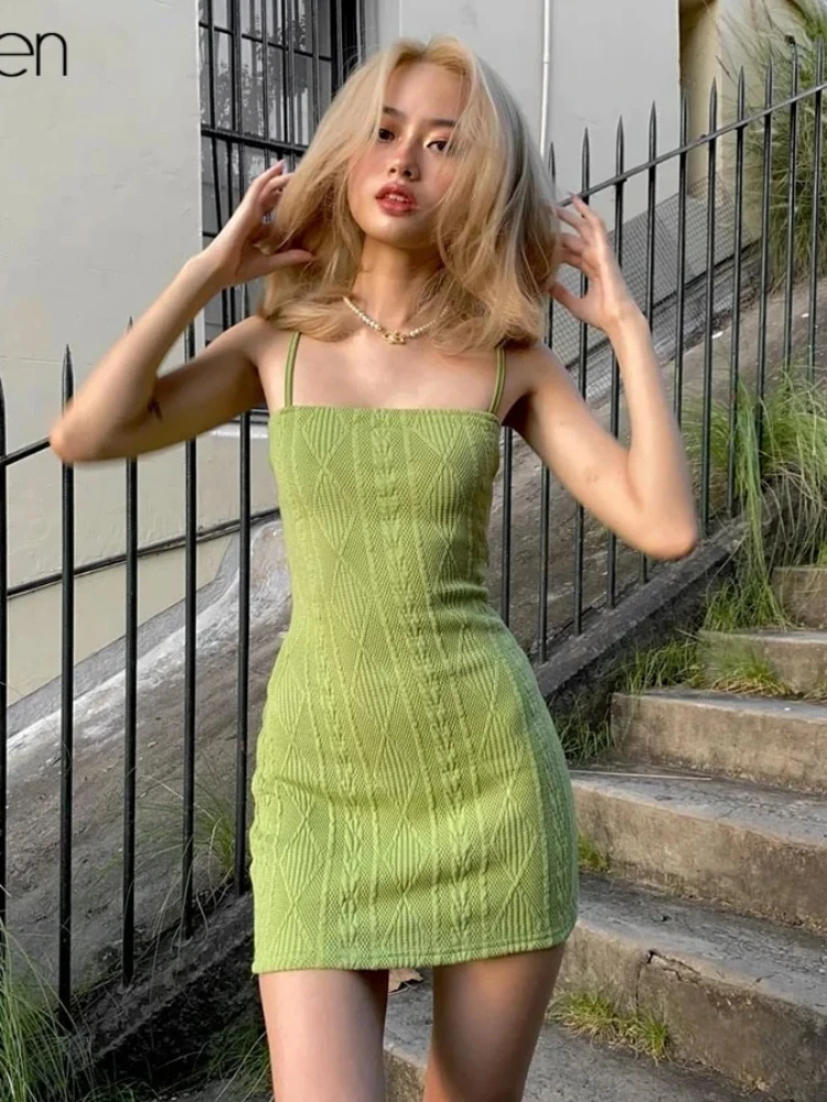 KLALIEN Women Fashion Elegant Streetwear Strap Mini Dress Summer 2021 New Solid Green Knit Stretch Slim Office Lady Dresses