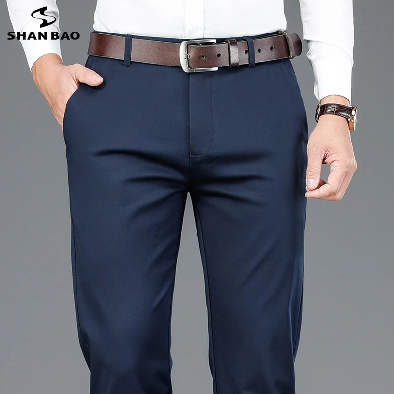 SHAN BAO bamboo fiber fit straight high waist trousers 2021 autumn winter brand classic embroidery men's business casual pants