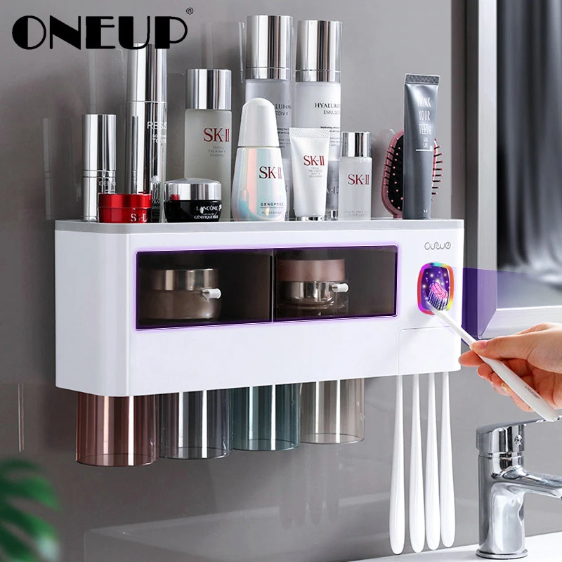ONEUP New Toothbrush Holder For Bathroom Automatic Toothpaste Squeezer Wall With Cup Storage Rack Organizer Bathroom Accessories