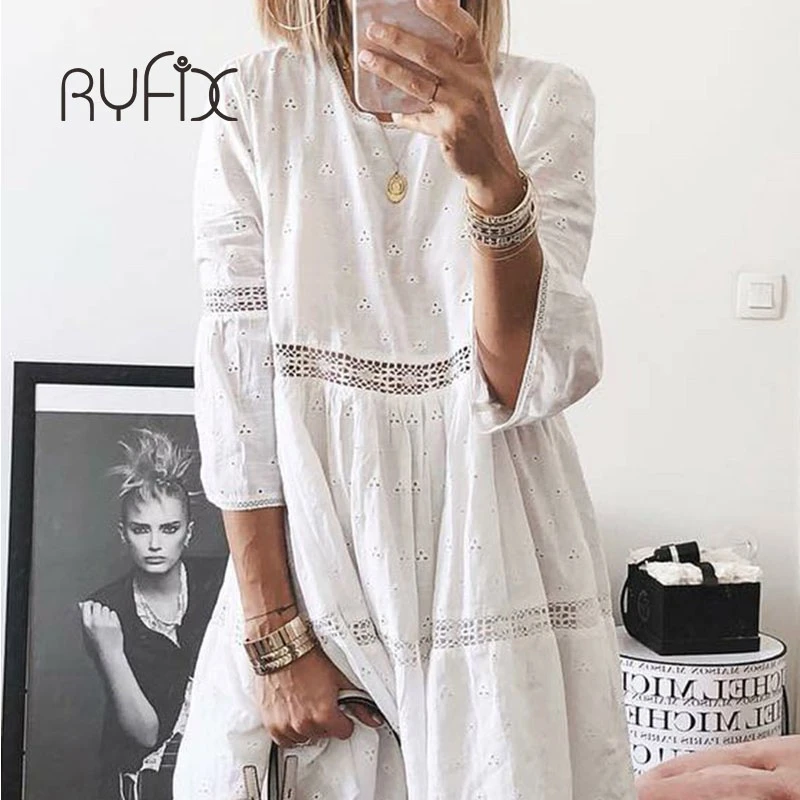 5XL 2021 New Women Elegant Embroidered Lace Dress White Female Splicing Dress Floral Hollow Out Loose Casual Party Vestidos BG74