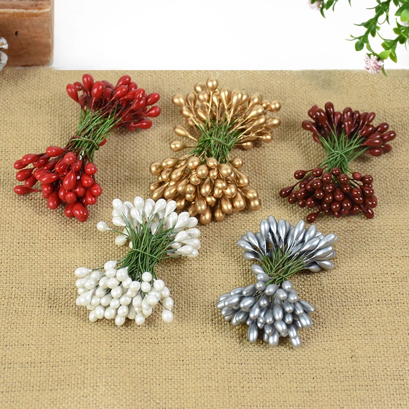 50/100pcs 5mm Artificial Berries Gold Silver Cherry Stamen Mini Fake Flowers DIY wreath Wedding Party Decor Supplies