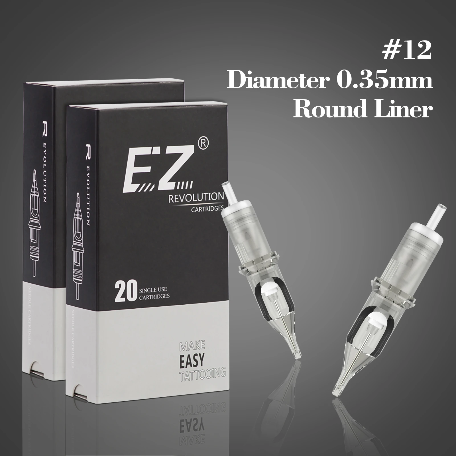 EZ Revolution Tattoo Needles Cartridge Round Liners # 12 0.35 MM Long Taper 5.5 MM for Cartridge Machine and Grips 20 PCS/Box