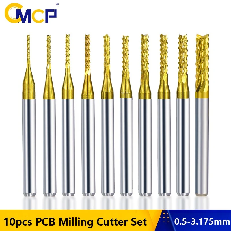 CMCP Corn End Mill 10pcs 0.5-3.175mm Carbide PCB Milling Cutter Set TiN Coated 3.175mm Shank PCB Machine Cutting Milling Tools