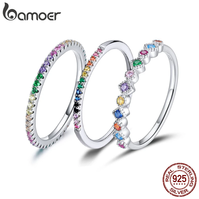 bamoer 925 Sterling Silver Rainbow Color CZ Stackable Wedding Rings, Platinum Plated Elegant Finger Band Ring for Women