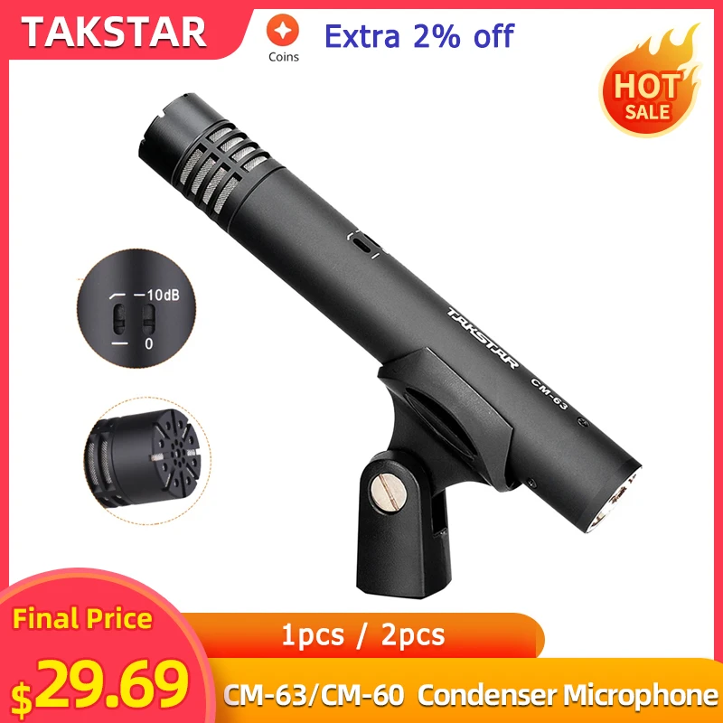 TAKSTAR CM-63 / CM-60 Professional Diaphragm Condenser Microphone Moisture Resistant XLR Cardioid Mic 48V Phantom Power Supply